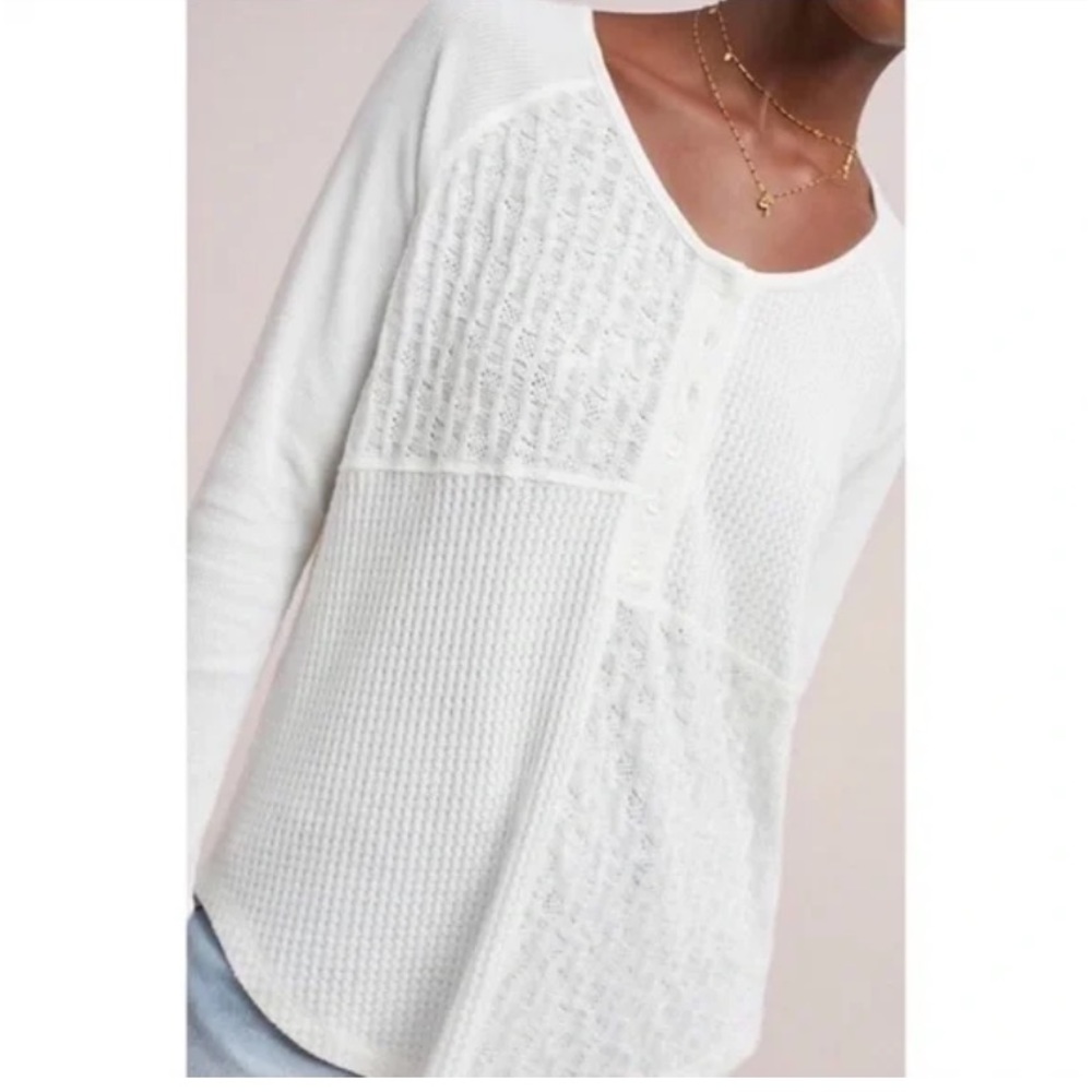 NWOT Saturday Sunday by Anthropologie Mixed Media Waffle Knit Henley Top - Picture 3 of 8